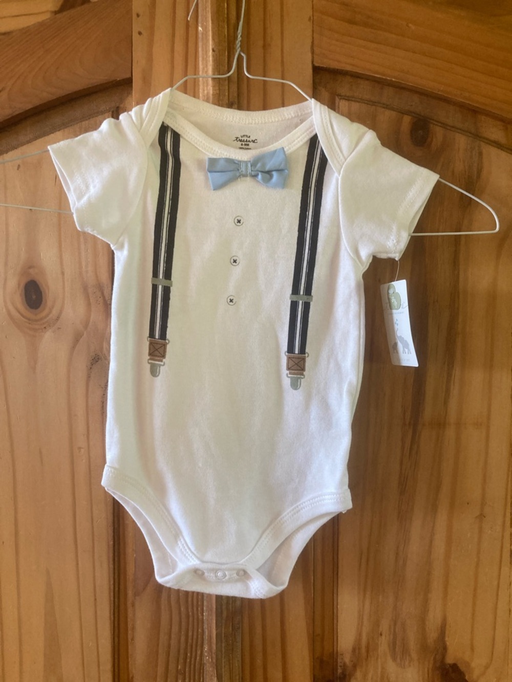 Boys Little Treasure white suspenders bow tie onesie size 6-9 months - NWT